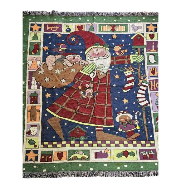 Vintage Christmas Santa Tapestry Fringe Throw Blanket - Picture 1 of 8